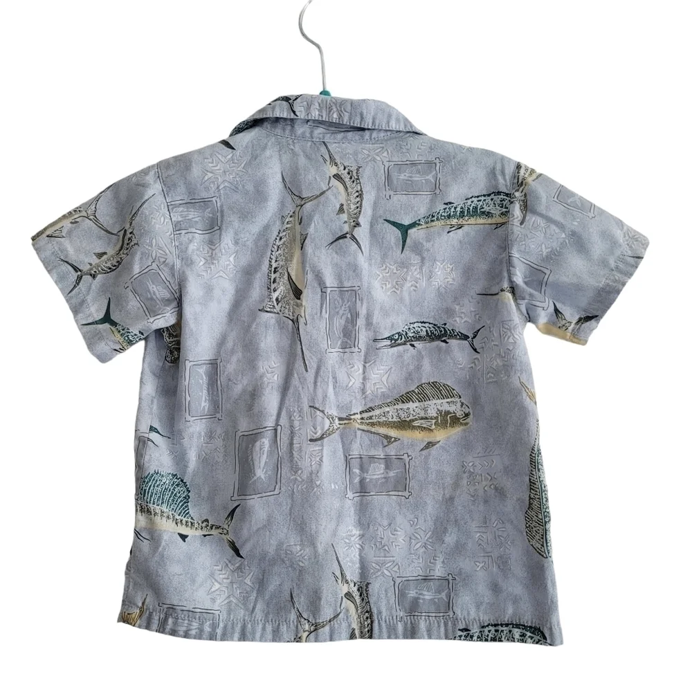 Cocoamo Kids Resort Wear Blue Hawaiian‎ Button Up Shirt Fish Aloha